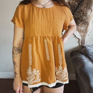 Boho flutter sleeve mustard orange floral embroidered blouse